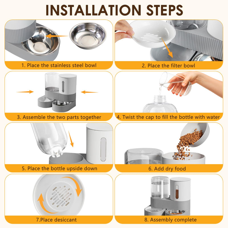 Automatic Gravity Cat Dog Feeder and Water Dispenser with 304 Stainless Steel Bowls 2 in 1 360 Degree Rotatable Auto 2.4L Dry Food and 2.6L Water Bowl for Small Medium Pet Dog Puppy Kitten (Gray) Gray - PawsPlanet Australia