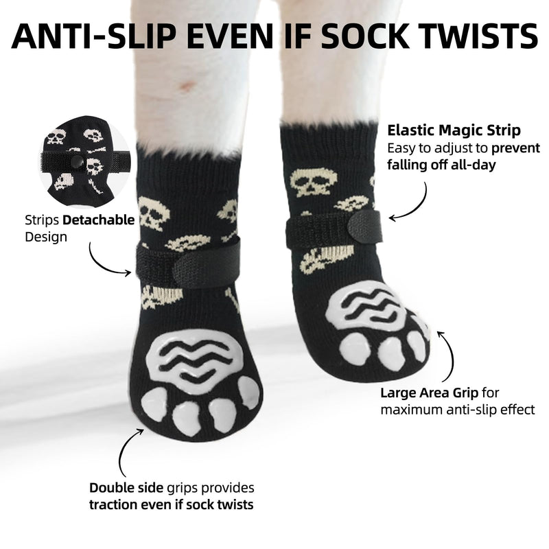 PUPTECK Anti Slip Dog Socks 2 Pairs with Double Grippers for Hardwood Floors, Shoes for Hot/Cold Pavement, Boots & Paws Protectors to Prevent Licking, Traction Booties for Senior Smll Large Dogs X-Large(2 Pair) Black(Skull) - PawsPlanet Australia