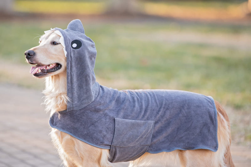 Wearable Microfiber Dog Towel with Monster or Shark Hoodie | Soft Dog Bathrobe (Medium, Grey Shark) Medium - PawsPlanet Australia