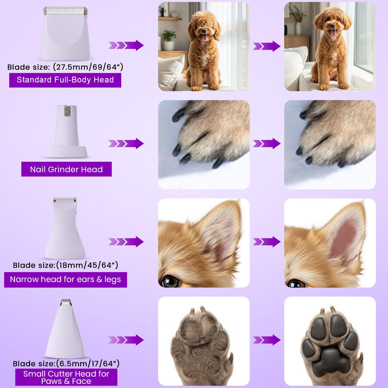 Dog Paw Trimmer - 4-in-1 Dog Clippers Grooming Kit with Low Noise & IPX7 Waterproof Design Includes Comb Paw Trimmer Nail Grinder - Rechargeable & Cordless Pet-Friendly Clipper (Purple) Lavender - PawsPlanet Australia