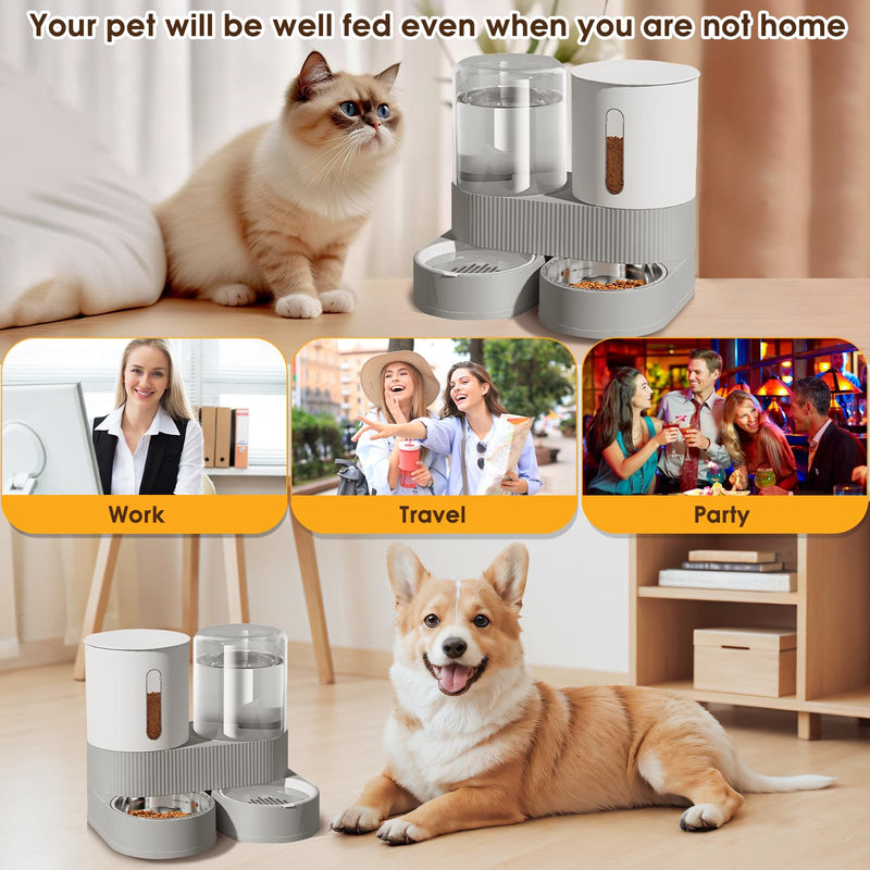Automatic Gravity Cat Dog Feeder and Water Dispenser with 304 Stainless Steel Bowls 2 in 1 360 Degree Rotatable Auto 2.4L Dry Food and 2.6L Water Bowl for Small Medium Pet Dog Puppy Kitten (Gray) Gray - PawsPlanet Australia