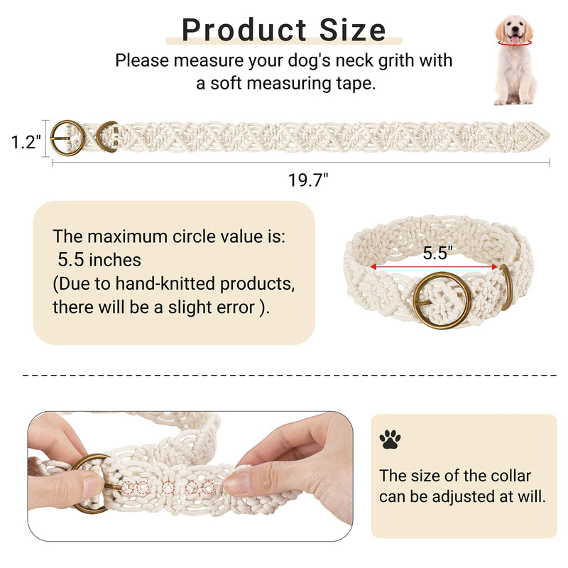 Mkono Woven Dog Collar Soft Cotton Durable Puppy Collar Cute Boho Adjustable Dog Necklace Collar for Small Medium Dogs,Ivory - PawsPlanet Australia
