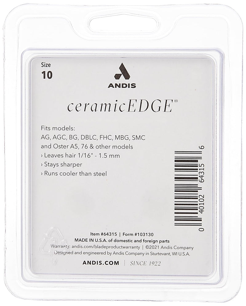 Andis – 64315, Ceramic Edge Detachable Pet Clipper Blade – Carbon-Infused Steel with Sharp Cutting Tech, Runs Cooler & Stays Sharper, Resists Rust & Heat, Size-10 - Fits AG, AGC & BDC Series, Chrome 10 (Pack of 2) - PawsPlanet Australia