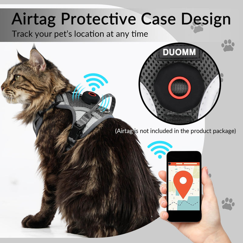 Cat Harness and Leash Set With AirTag Holder, Upgraded Escape Proof Adjustable Kitten Vest with Lead for Small Cat Outdoor Walking, Soft Breathable Mesh Jacket with Reflective Strips M, Gray Grey