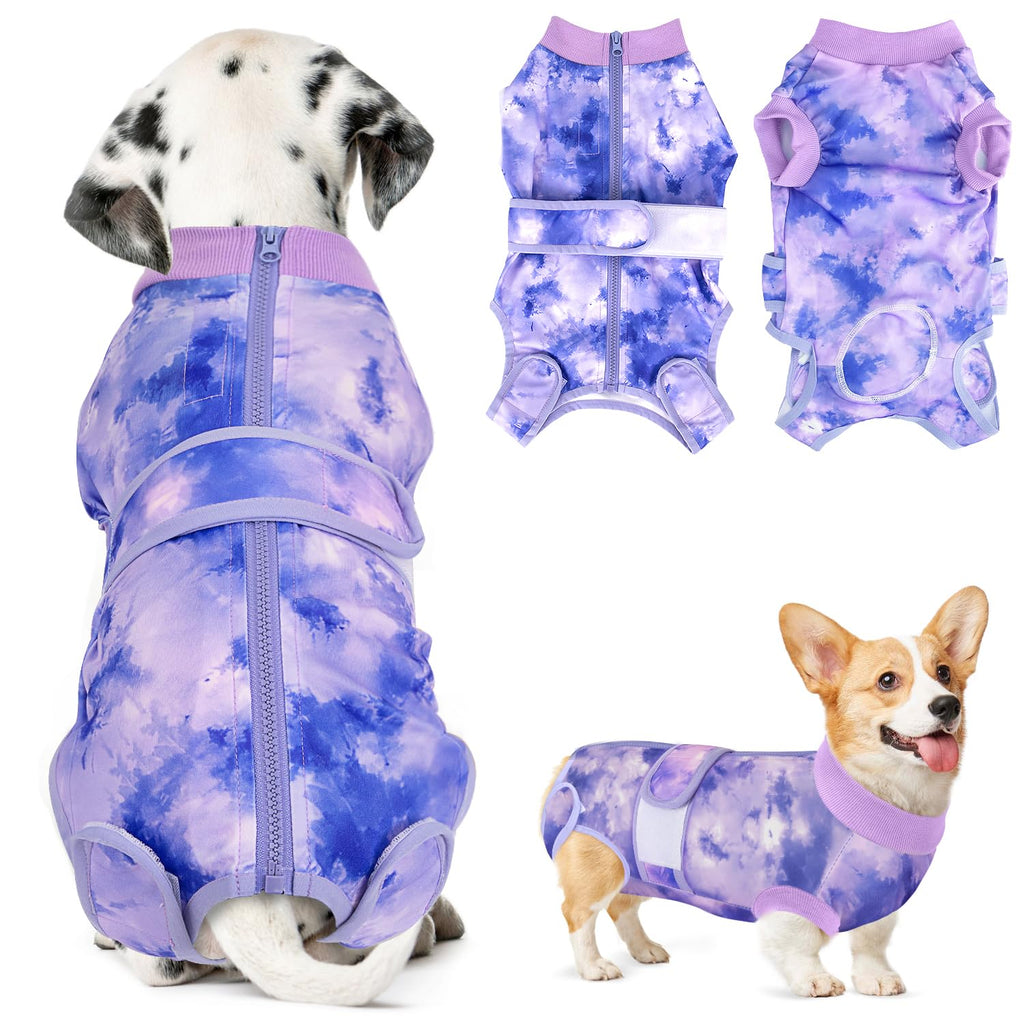 Lukovee Recovery Suit for Dogs, Zipper On Recovery Suit for Female Male Dog, Onesie Abdominal Wounds Cone E-Collar Alternative Prevent Licking Spay Recovery Suit (Medium, Purple Tie-dye) Medium