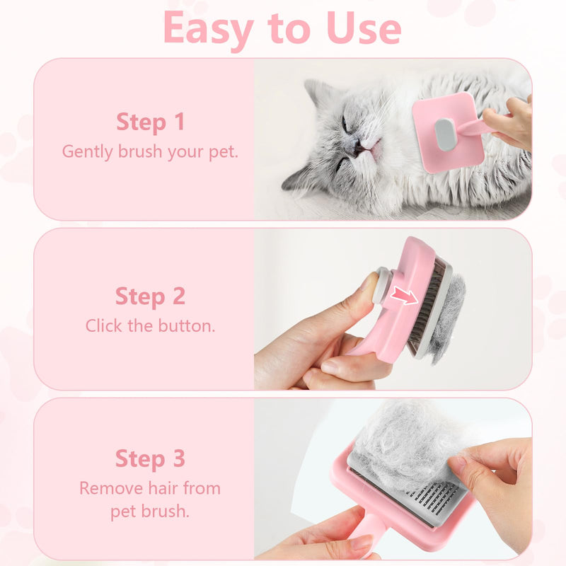 Dog Brush Cat Brush, Cat Grooming Comb Self Cleaning Pet Hair Comb with Button Dog Grooming Tool for Small, Medium & Large Pet Shedding Massage Clean (Pink) Pink