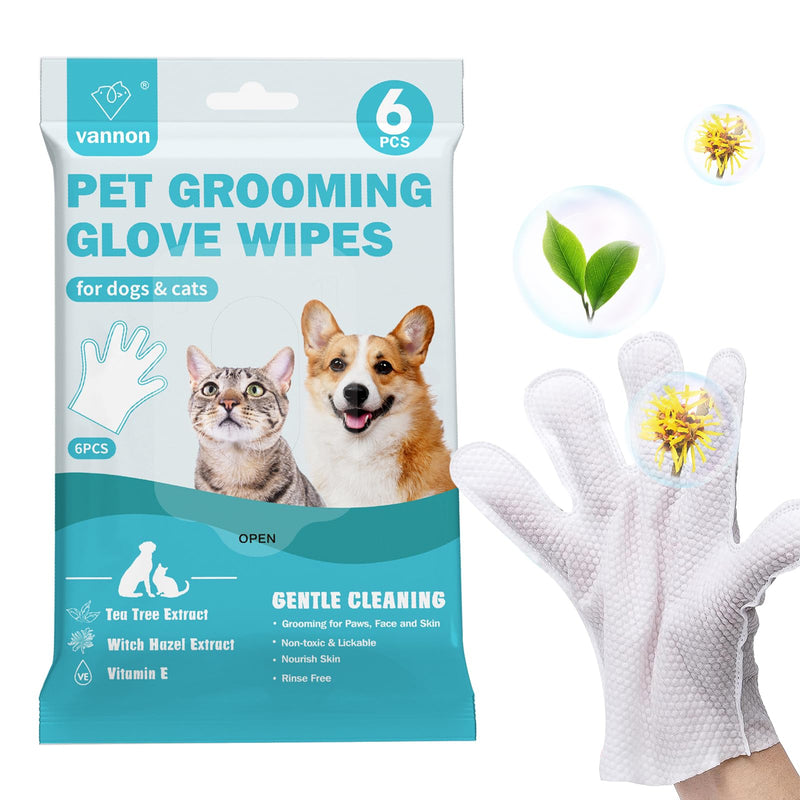 Pet Bathing Wipes for Dogs & Cats, Cleaning & Deodorizing Grooming Gloves, Nourish Fur Glove Wipes for Daily Care and Traveling, Rinse Free，6 PCS 1pack