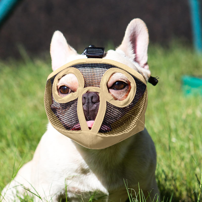 Short Snout Dog Muzzles- Adjustable Breathable Mesh Bulldog Muzzle for Biting Chewing Licking Training Grooming Dog Mask (Khaki, X-Large/ 18"-25") Khaki X-Large/ 18"-25" - PawsPlanet Australia