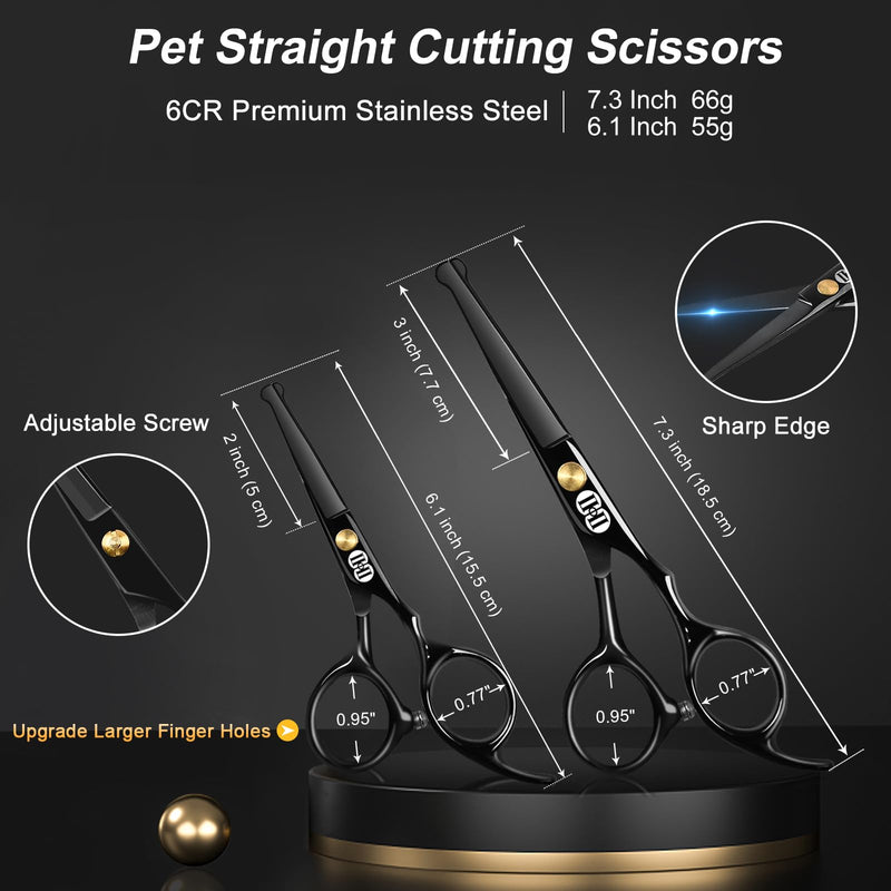 CIICII Dog Grooming Scissors Kit, 10-In-1 Professional Pet Grooming Scissors Set with Safety Round Tip (Dogs/Cat Hair Cutting Trimming Thinning Shears with Curved Scissors) for DIY Home Salon (Black) Black Dog Grooming Scissors