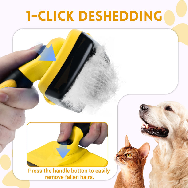Large Self Cleaning Deshedding Brush for Dogs & Cats - One Button Hair Release Grooming Tool, Gentle Massage Brush for Long and Short Hair (Yellow) Yellow - PawsPlanet Australia