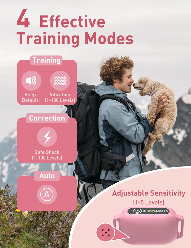 2-in-1 Bark and Shock Collar for Dogs, Smart Anti Barking Dog Training Collar with 5 Adjustable Sensitivity, Automatic Bark Collar with Remote, Vibration, Beep, Shock and Automatic (Pink) Pink & White