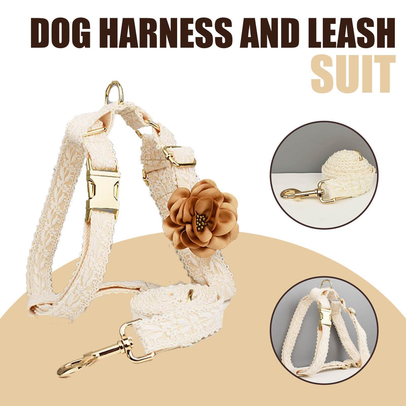 Dog Harness and Leash Set Metal Clasp Adjustable Cotton Embroidered No Pull for Dog Wedding Birthday Outfit,M Beige Harness Set Medium - PawsPlanet Australia