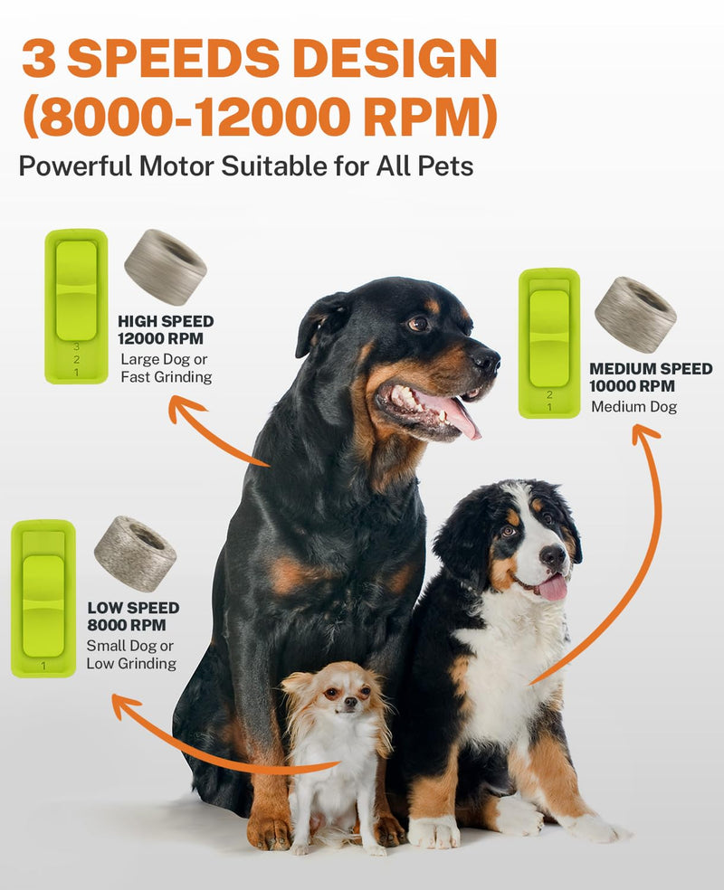Toozey Dog Nail Grinder for Large Dogs, Real 12,000 RPM & 3-Speed, with Dust Cap and LED Light, Professional Electric Dog Nail Trimmer for Medium & Small Dogs, USB Rechargeable Pet Toenail Grinder MJQ002_G - PawsPlanet Australia