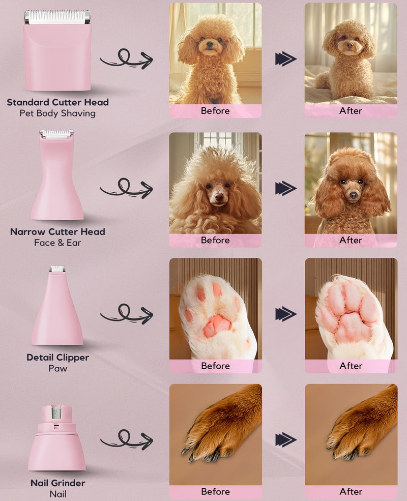 Dog Clippers Grooming Kit, 4 in 1 Quiet Cordless Dog Paw Trimmer & Nail Grinder, Small Cat Clippers Electric Rechargeable Low Noise Pet Shaver for Trimming Hair on Paw Eye Ear Face Rump (Pink) Pink - PawsPlanet Australia