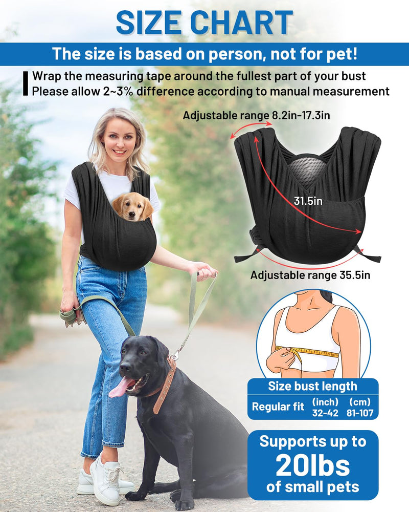 Dog Sling Carrier for Small Dogs, Front Pet Sling Carrier Chest, Adjustable Reducing Back Stress Cat Sling for Small Pet up to 20lbs, Hands Free Puppy Sling for Travel or Everyday Use (Black) Black - PawsPlanet Australia