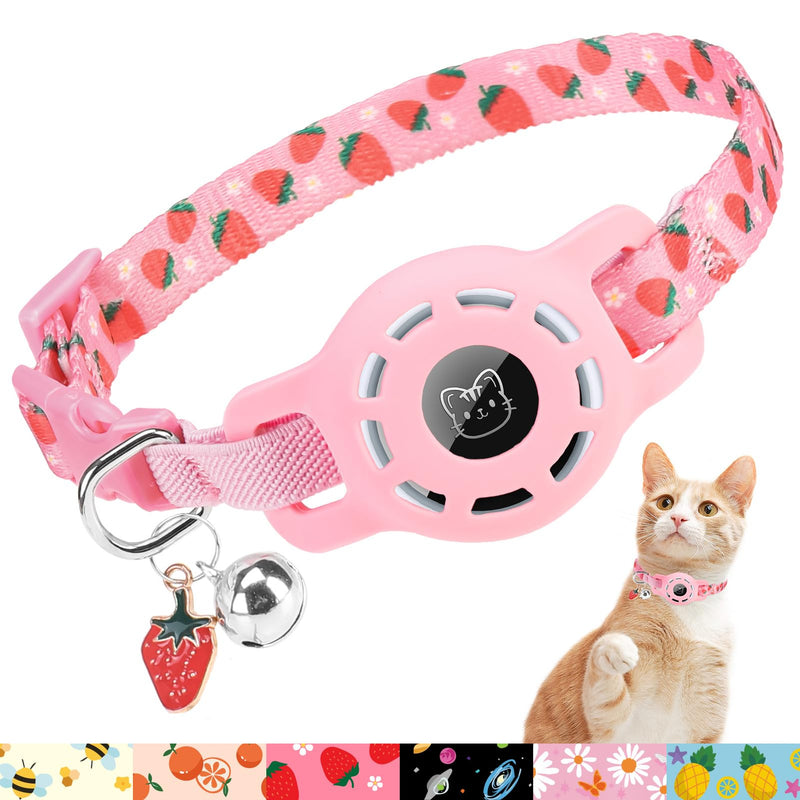 BINGPET AirTag Cat Collar with Bells, Upgraded Safety Elastic Cat Collar with Airtag Cat Collar Holder, Anti-lost Cat Collars for Girl Boy Cats, Anti-suffocation Kitty Puppy Collars Pink