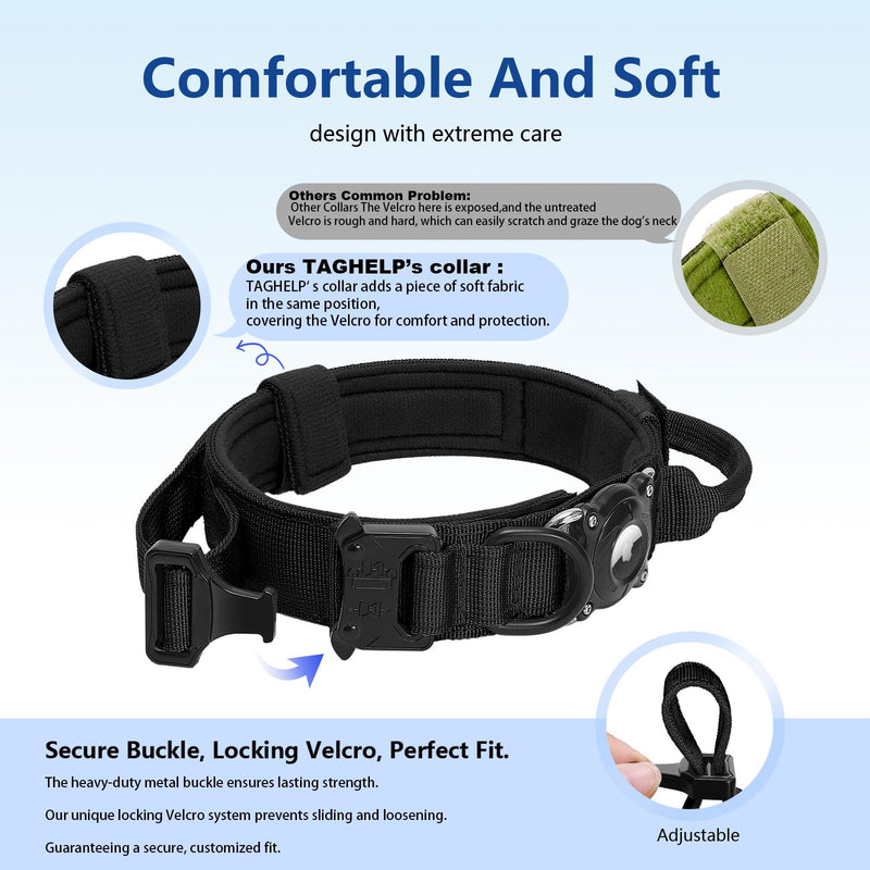 Tactical Airtag Dog Collar Waterproof - Adjustable Nylon Training Collar with Secure Airtag Holder, Control Handle & Quick-Release Buckle for Medium Large Dogs (Blue, L) Blue L (17"-20.5")