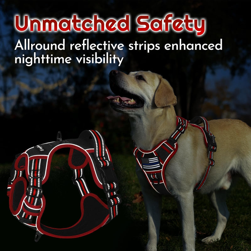 Eagloo Dog Harness for Large Dogs, Easy Wearing with 3 Buckles, Adjustable No Pull Pet Harness with 2 Rings for Walking, No Chock Reflective Soft Padded Vest with Control Handle, Black & Red, L - PawsPlanet Australia