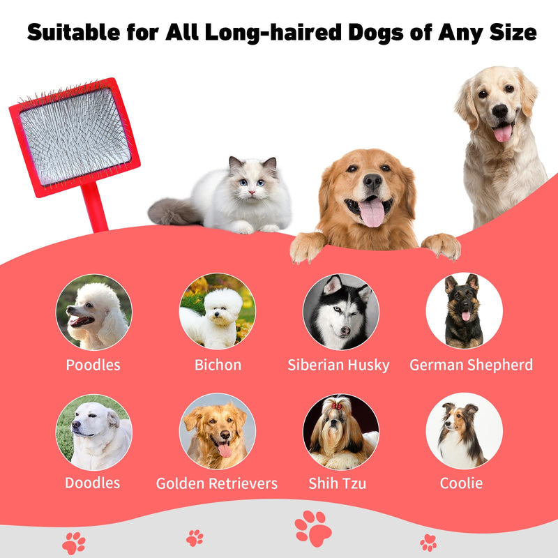 Dog Slicker Brush for Shedding and Grooming Medium or Long Haired Cats, Extra Long & Soft Pin Slicker Brush for Removes Loose Hair, Tangles, Knots, Undercoat, Free Pet Comb, Large Red - PawsPlanet Australia