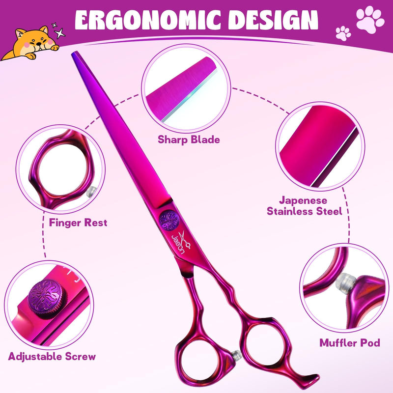 JASON Dog Grooming Scissors Set - Professional 6 in 1 Dog Shears Set - 7" Chunker, 7" Straight, 7" Up-Curved, 7" Down-curved Scissors and Comb for Cat Pet with Adjustable Screw Chunker Set - PawsPlanet Australia