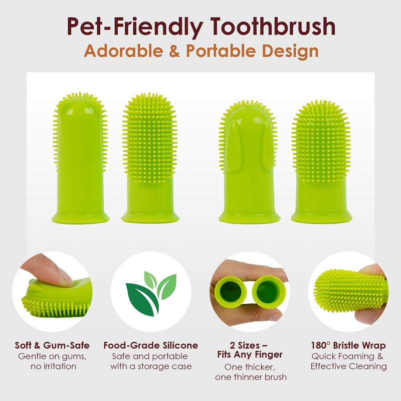 2-Pack Dog Toothbrush for Different Finger Sizes, 180° Bristle Coverage, Soft Dog Tooth Brushing Kit for Medium & Large Dogs, Dental Care Pet Teeth Plaque and Tartar Cleaning, Food-Grade Silicone Green