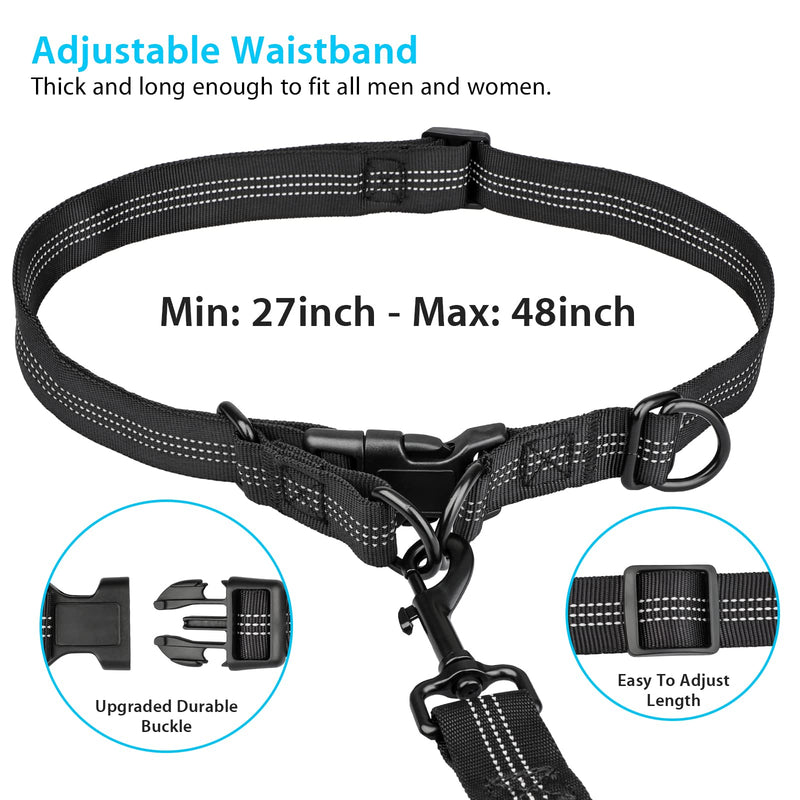 Hands Free Dog Running Leash with Adjustable Waist Belt, Dual Handle Elastic Bungees Retractable Rope for Medium and Large Dogs, Reflective Stitches for Walking Hiking Biking With Pouch for 2 dogs