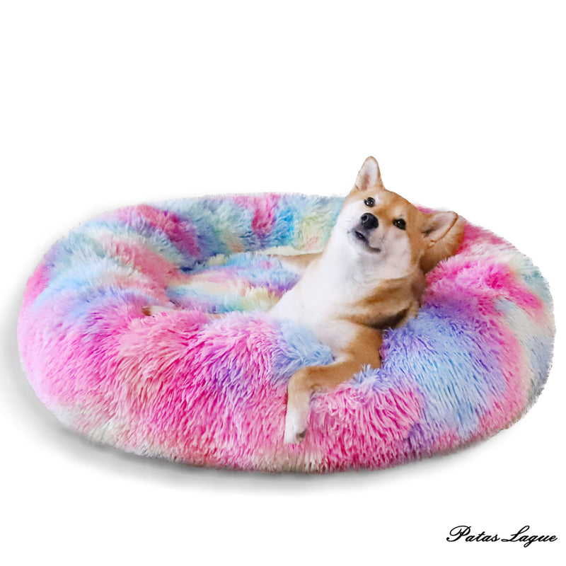 Patas Lague Calming Dog Bed for Medium Dogs, Fluffy Soft Cozy Cat Bed, Faux Fur Anti-Anxiety Plush Washable Pet Donut Cuddler for All Seasons 24IN, Mixed Rainbow M:24x24INCH - PawsPlanet Australia
