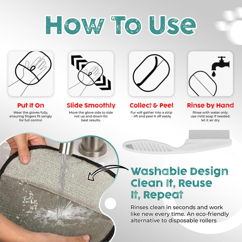 Pet Hair Removal Glove Kit – Electrostatic Pet Hair Remover Glove for Dog & Cat, Upgraded Reusable Magic Brush Pet Hair, Quick Wiping & Washable 2PCS pet Hair Remover Glove with Comb & 2 Hooks Black
