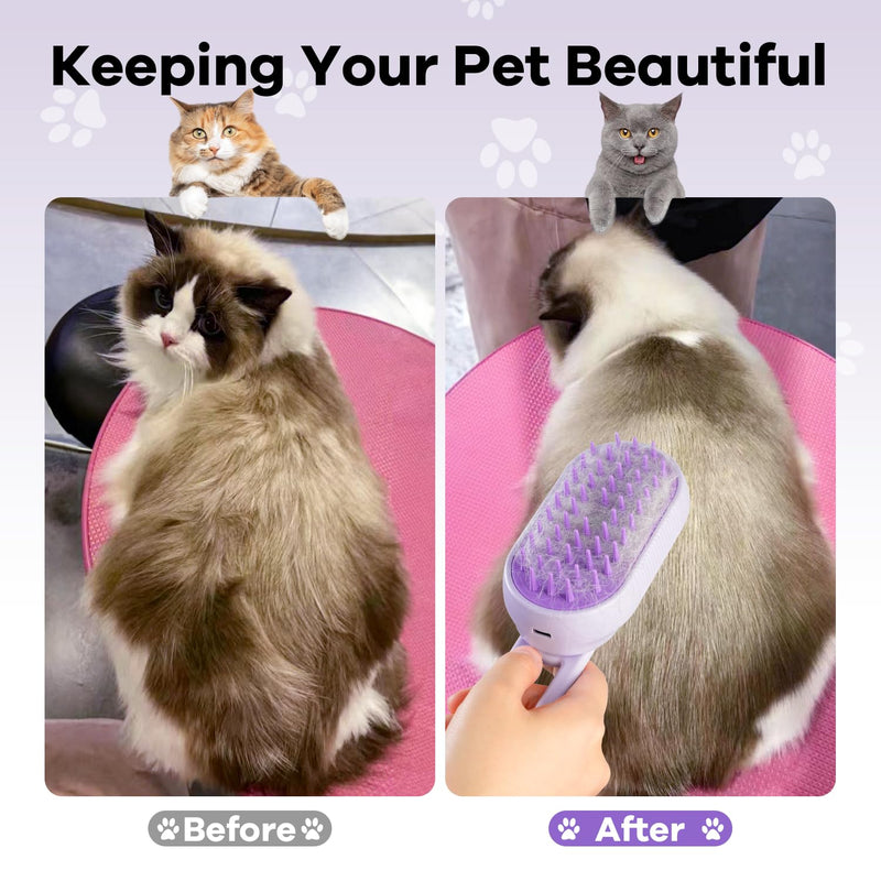 Cat Steam Brush for Shedding, 4 in 1 Brushs with Foldable Handle, Steam Brushs for Cats, Spritz Defur Comb for Cats, Water Brush for Cat, Pet Spray Hair Removal Comb purple - PawsPlanet Australia