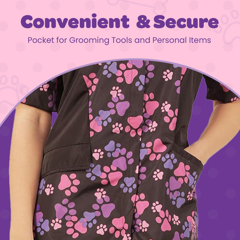 Ladybird Line 725 Pink Purple Paw Waterproof Grooming Smock, Hair Bleach Resistant, Solid Black Back, Adjustable Back Belt Medium - PawsPlanet Australia