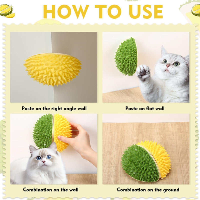 Hiboom 2 Pcs Cat Wall Corner Scratcher Durian Shaped Self Groomer Face Scratcher Massage Comb Grooming Brush Tool for Indoor Long & Short Fur Kitten Dogs, Green and Yellow - PawsPlanet Australia