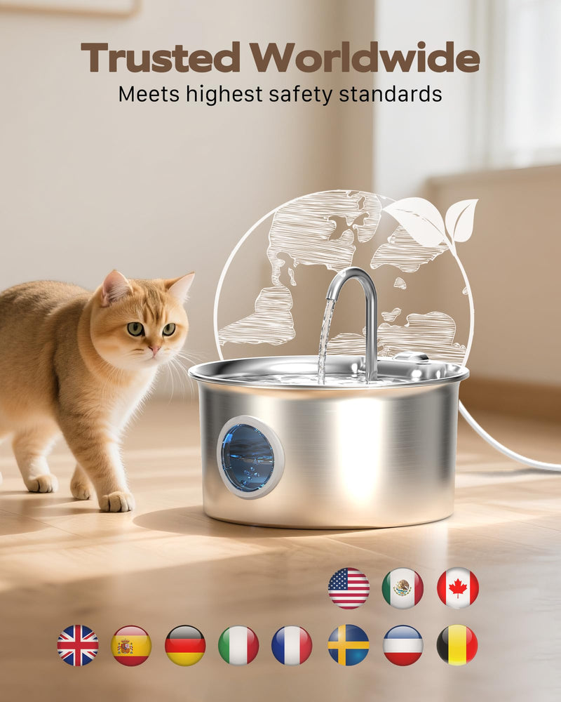 Stainless Steel Cat Water Fountain: Cat Fountain for Drinking - 88oz/2.6L Pet Water Fountain for Cats Inside- Silent Cats Water Bowl Dispenser - Kitty Drinking Fountains - 6 Filters + 3 Sponges Cat Fountain+6 Filters +3 Sponges - PawsPlanet Australia