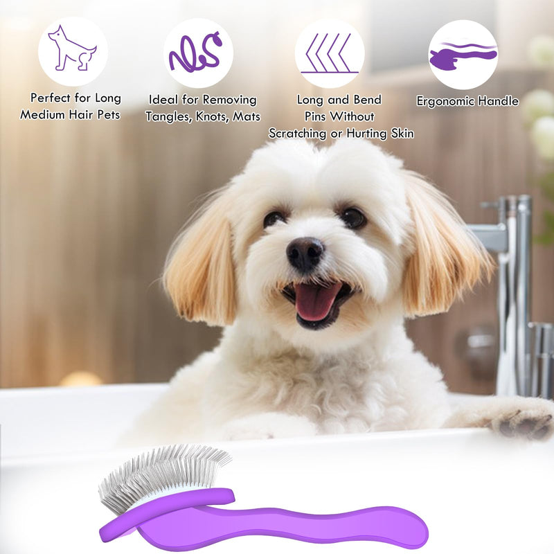 Long Pin Dog Slicker Brush for Long Haired Dogs, Removes Loose Hair, Tangles and Knots, Professional Pet Grooming Kit, Purple Large - PawsPlanet Australia