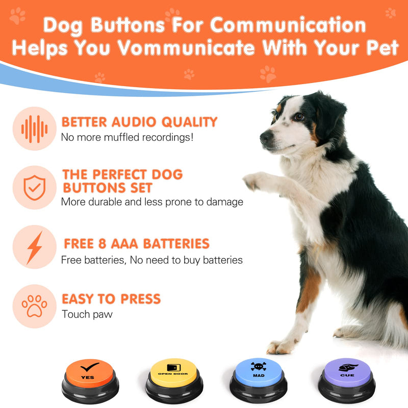 Dog Buttons for Communication,Talking Buttons for Dogs,4 Recordable Sound Buttons + 24 Scene Patterns + 1 Dog Button Mat+ 8 AAA Batteries 4 Pack - PawsPlanet Australia
