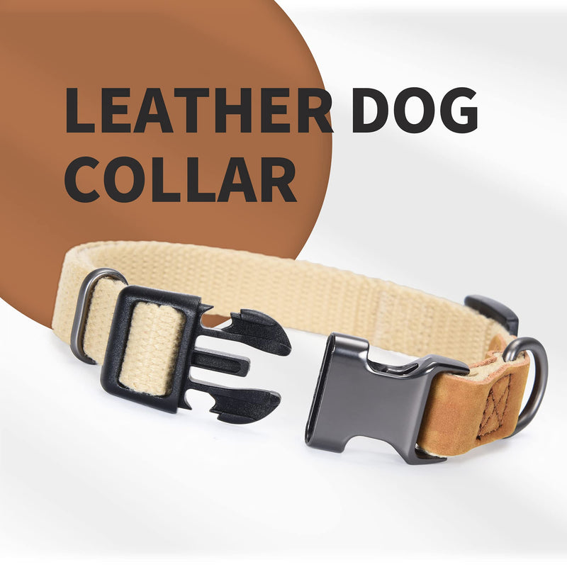 Mile High Life | Genuine Leather Dog Collar | Stainless Steel Pin Buckle Ring Dog Collar | Soft and Strong Poly Cotton Fabric | Variety Colors Small (Pack of 1) Cotton Fabric-Khaki - PawsPlanet Australia