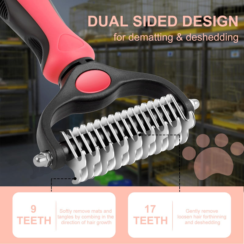 Pet Grooming Brush, Double Sided Undercoat Rake for Dogs & Cats, Professional Deshedding Brush and Dematting Tool, Safe and Effective Removing Knots, Mats, Tangles,and Flying Hair (Pink) Pink - PawsPlanet Australia