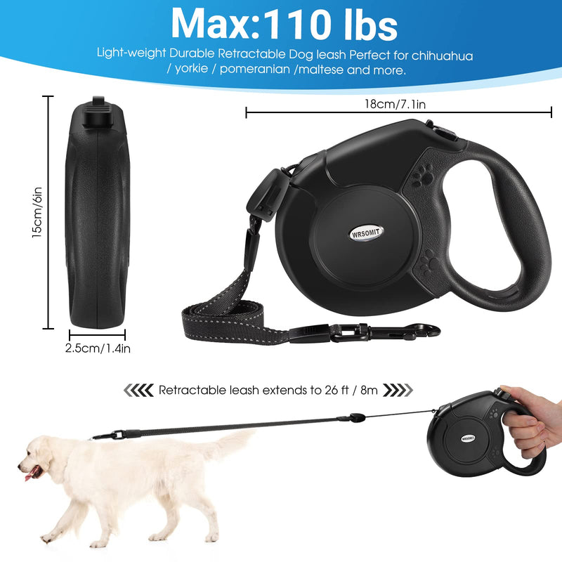 Retractable Dog Leash, 26 Ft Heavy Duty Pet Walking Leash for Small Medium Large Dogs up to 110lbs, Anti-Slip Handle, 360 ° No Tangle, Nylon Tape, One-Handed Brake Black - PawsPlanet Australia