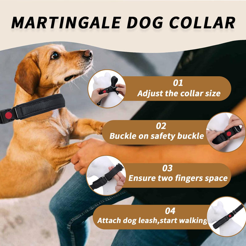 Martingale No Pull Dog Collar for Large Medium Small Dogs, Heavy Duty Nylon Reflective Adjustable Anti Pull Slip Collar with Buckle for Training Walking L Black Black L (19"-26" Neck, 1.5" Wide) - PawsPlanet Australia