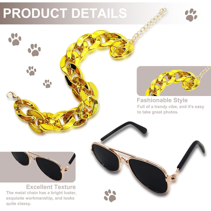 2 Pcs Gold Cat Chain Collar and Glasses Set, Adjustable Cat Cuban Link Collar with Black Glasses, Lightweight Pet Jewelry and Stylish Accessories - PawsPlanet Australia