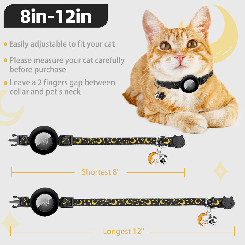 PUPTECK Airtag Cat Collar Breakaway 2 Pack with Bells, Reflective Kitten Collar with Air Tag Holder for Boy Girl Kitty and Puppies, Soft, Black 8-12" Black(Star&Moon) - PawsPlanet Australia