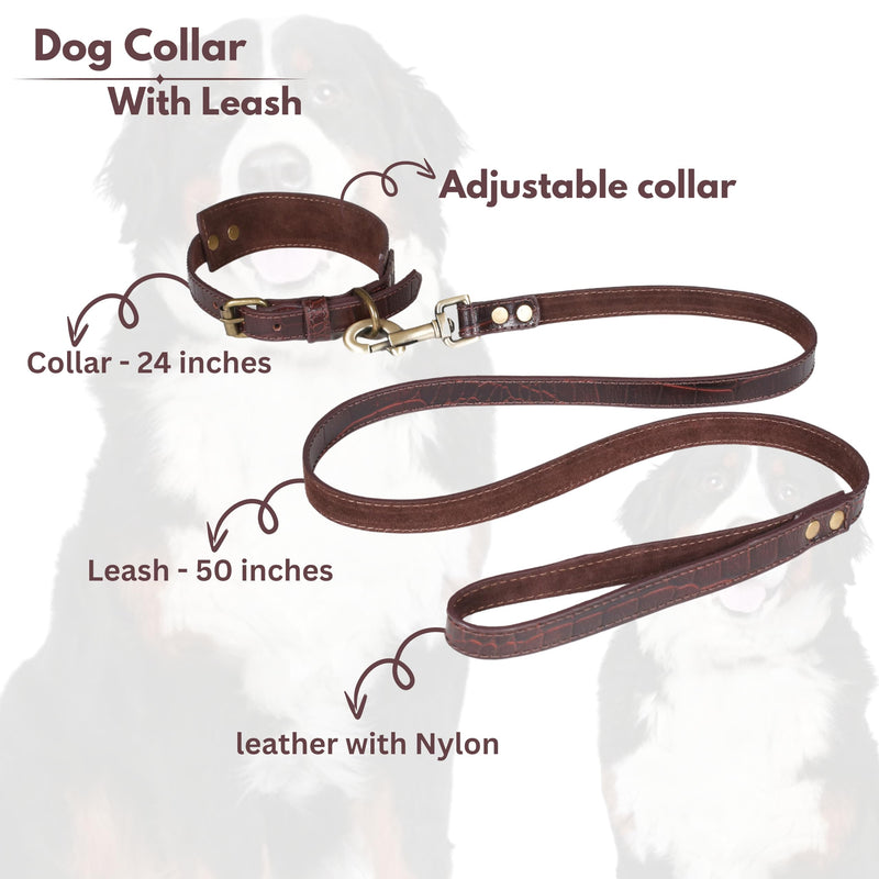 Lightnpro Genuine Leather Dog Collar & Leash Set - Adjustable 24" Collar with Metal Buckle + Durable Lead - Premium Walking & Training Gear for Large Breeds (German Shepherd, Bernese, St. Bernard) 24 Inch Collar Dark Brown