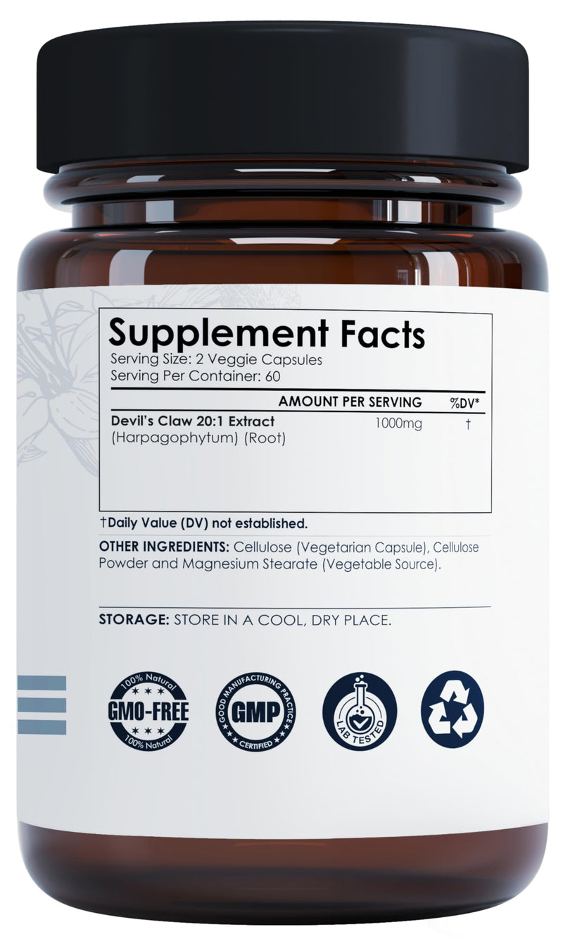 Devils Claw Root Extract 1000mg | 120 Capsules| Devils Claw Herbal Supplement | Non-GMO, Gluten Free Supplement