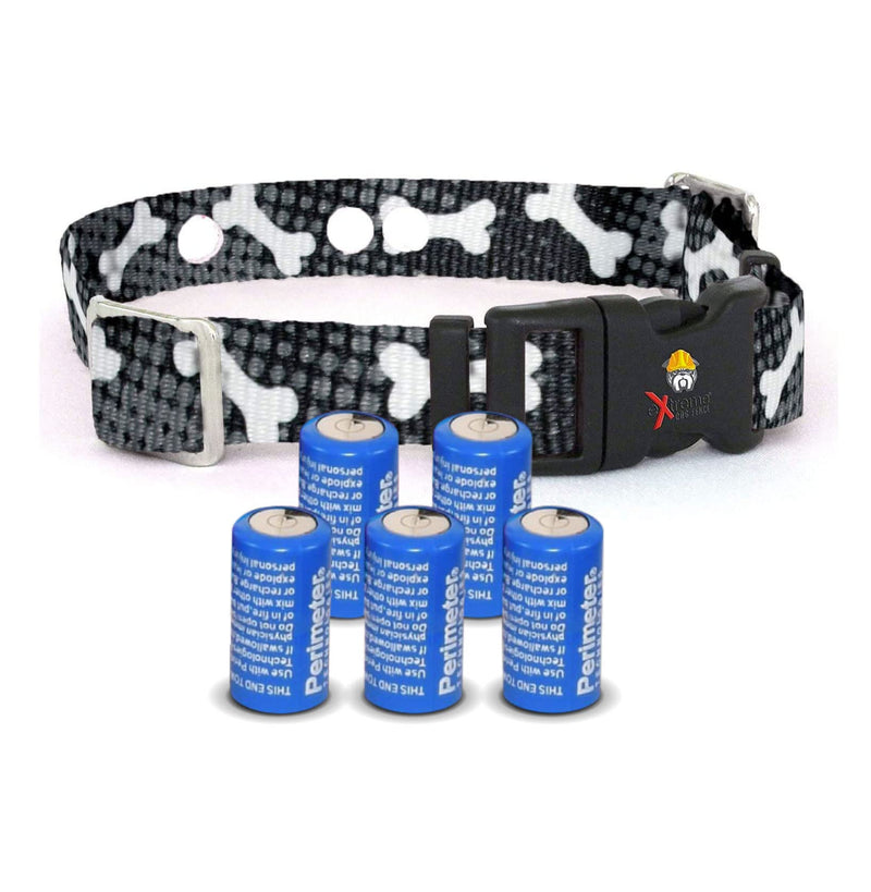 Small Black Bones Replacement Containment and Training Dog Collar Strap with 5-Pack of 6v Batteries - Compatible w/Extreme Dog Fence (EDF), Perimeter Receiver Collars, and More (Bundle 2)