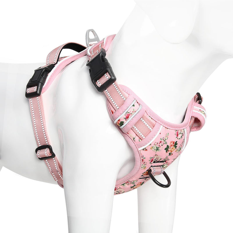 Timos No Pull Dog Harness, Release at Neck Reflective 3 Snap Buckles Adjustable No Choke Pet Vest with Front & Back 2 Leash Clips, Soft Padded Control Training Handle for Small Medium Large Dogs Medium (Pack of 1) Normal-Pink - PawsPlanet Australia