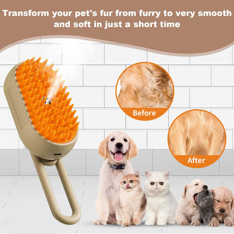 Steam Brush for Cats & Pets - 3 In 1 Steamer for Grooming, Deshedding, and Taming Animal Fur (Brown) Brown - PawsPlanet Australia