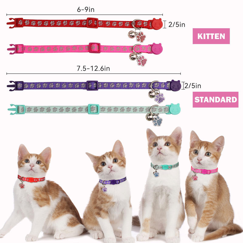 4PCS Breakaway Cat Collars,Reflective Cat Collar with Bells,Kitten Collars for Boy&Girl Cats Breakaway Collar for Cats with Paw Pendant 6-9 Inch(Purple+Hotpink+Red+Teal) Purple+Hotpink+Red+Teal - PawsPlanet Australia