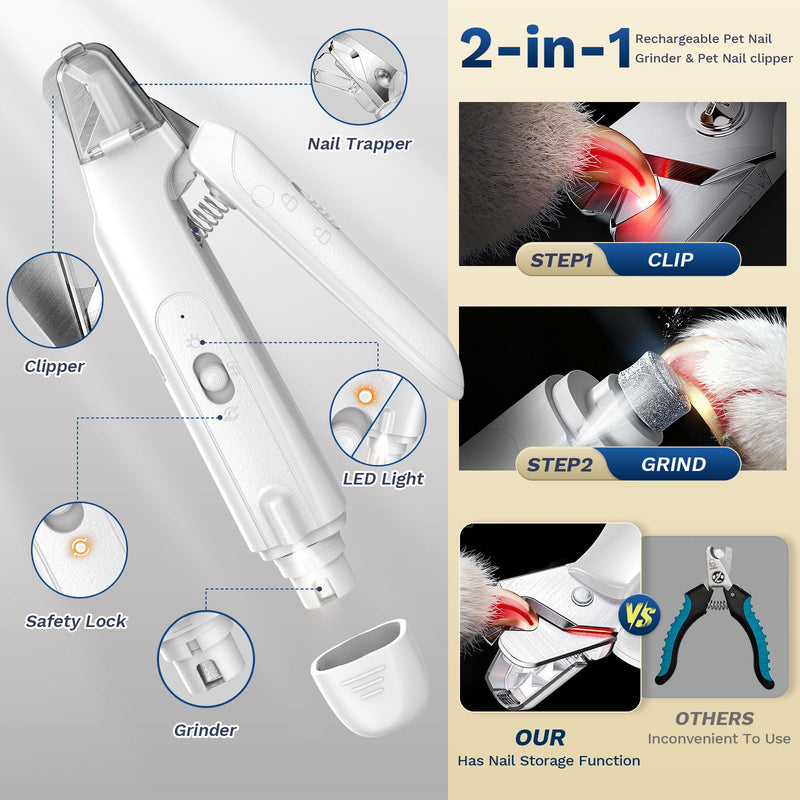 2-in-1 Dog & Cat Nail Clipper with Grinder - Dual Highlight LED Reduce Over-Trimming, Long Battery Cordless USB-C Rechargeable, Safety Lock & Catcher Cap, Quiet Home Grooming for Small Large Pets White - PawsPlanet Australia