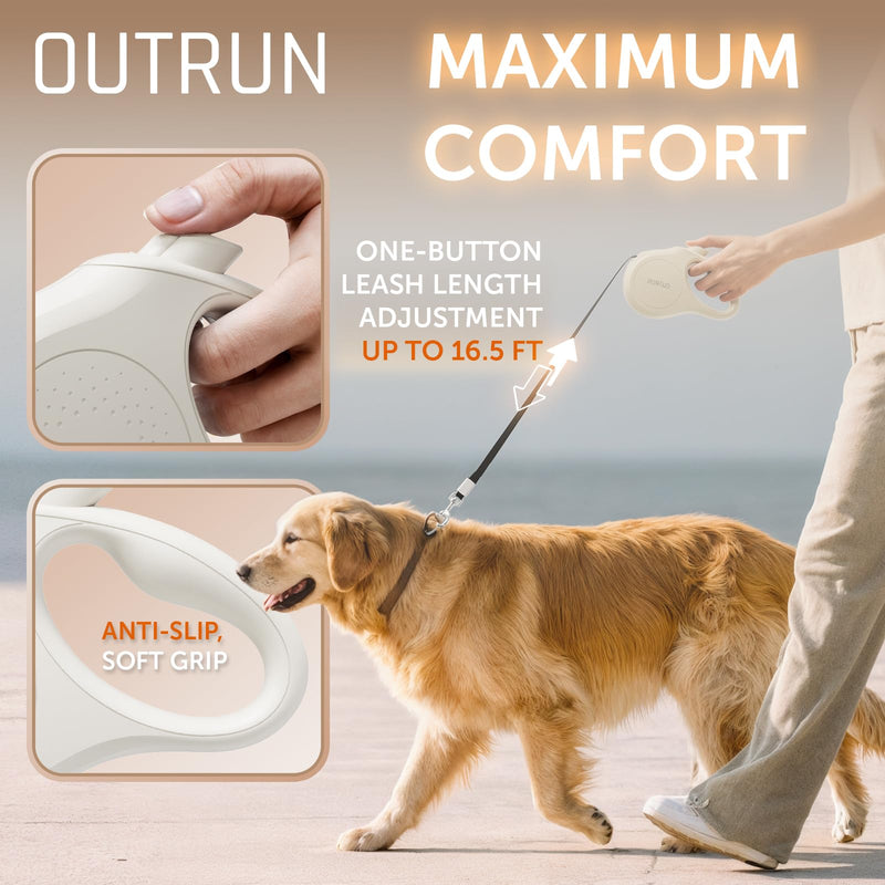 OUTRUN Dog Leash Retractable 16 FT Walking Leash up to 55 lb, Strong Nylon Tape No Tangle, Heavy Duty One-Handed Brake Lock Perfect for Small & Medium Sized Dogs and Pets (Starlight White) - PawsPlanet Australia