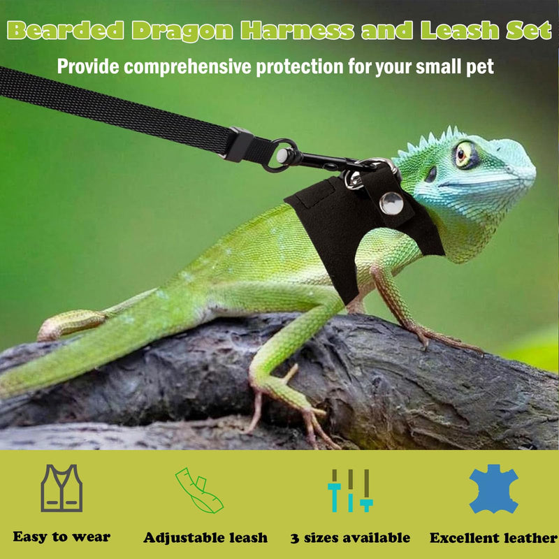 KABASI Bearded Dragon Harness Leash Set, 3 Size Adjustable Lizards Training Walking Leather Vest Escape-Proof Traction Rope for Squirrel and Other Outdoor Small Reptiles (Black) Black - PawsPlanet Australia