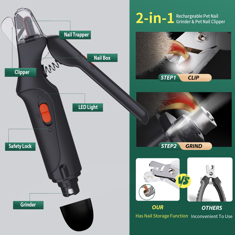 2-in-1 Dog Nail Grinder & Dog Nail Clippers Trimmers for Large Medium Small Dogs Cats Pets Claw Trimmer Quick Sensor and Safety Guard USB Rechargeable with 2 LED Lights (Black) Black - PawsPlanet Australia